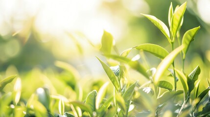 Wall Mural - Green tea leaves on a tea plantation, natural landscape, Close-up background