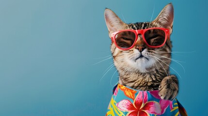 Wall Mural - Happy smile kitty Cat wear sunglasses with summer season costume isolated on background, pets summer, lovely cat, holiday vacation.