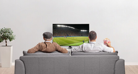 Canvas Print - Rear view shot of ederly father and son watching a football match on tv