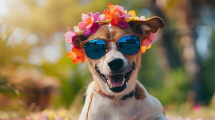 Wall Mural - Happy smile Puppy dog wear sunglasses with summer season costume isolated on background, pets summer, lovely dog, holiday vacation.