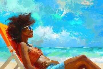 Wall Mural - cheerful african american woman relaxing on sunny beach chair digital painting