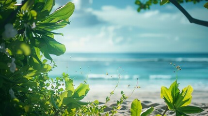 Wall Mural - Tranquil Tropical Beach Scene with Clear Blue Sky, Lush Greenery, and a Soft Focus on the Ocean