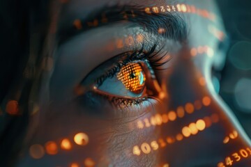 Wall Mural - closeup of focused female eyes illuminated by computer screen reflecting data and code powerful cybersecurity concept digital composite