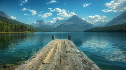 Wall Mural - Serene Lakefront Scenery with Dock and Mountain Backdrop, Perfect for Nature Lovers