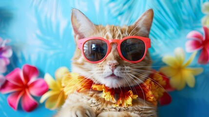 Happy smile kitty Cat wear sunglasses with summer season costume isolated on background, pets summer, lovely cat, holiday vacation.