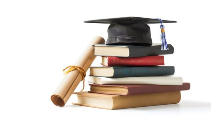 Graduation day.A mortarboard and graduation scroll on stack of books with blue background.Education learning concept.
