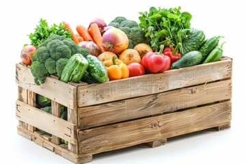 Wall Mural - colorful pile of fresh vegetables in wooden crate healthy organic food concept isolated on white background