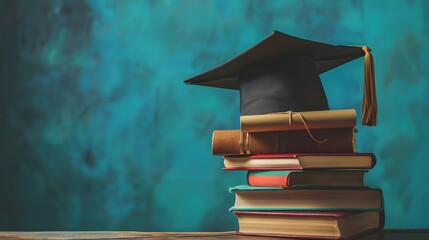 Wall Mural - Graduation day.A mortarboard and graduation scroll on stack of books with blue background.Education learning concept.
