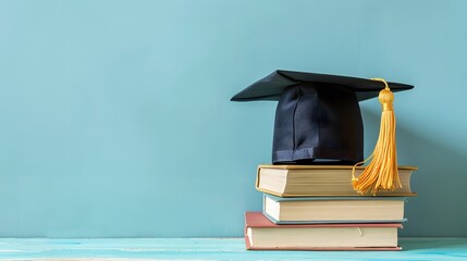 Graduation day.A mortarboard and graduation scroll on stack of books with blue background.Education learning concept.

