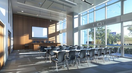 Poster - A spacious conference room with large windows offering natural light. The room is furnished with rows of tables and chairs, perfect for meetings and presentations.