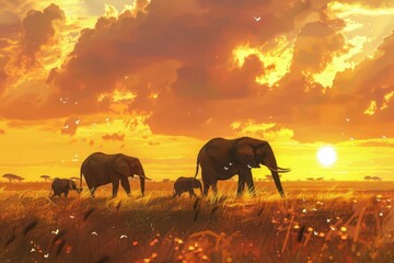 enchanting elephant family leisurely strolling through vibrant savanna at golden sunset digital wildlife painting