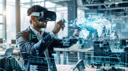 Wall Mural - A man wearing a suit and glasses is playing a video game using a virtual reality headset. He is focused on the screen, which displays a map of the game world. Concept of immersion and excitement