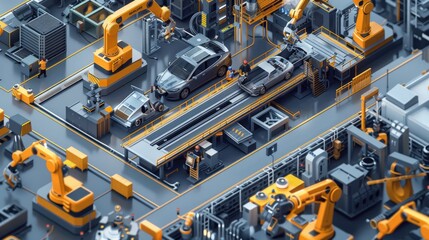 Poster - A futuristic city with a lot of machinery and robots. Scene is industrial and technological