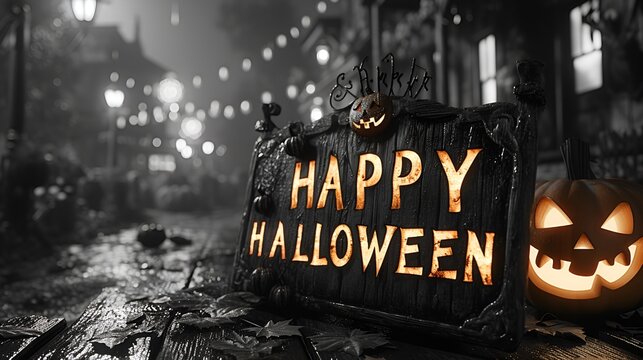 “HAPPY HALLOWEEN” sign - spooky - scary - holiday decorations - black and white photo - horror movie - retro feel - vintage look 