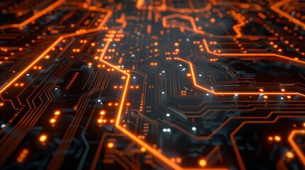 Wall Mural - Close-up of a futuristic circuit board with glowing lines and nodes. Technology and digital concept