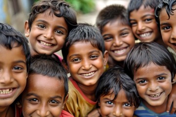 Wall Mural - group of indian kids smiling and looking at camera in the garden