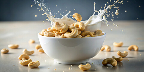 Delicious Cashews with Milk Splash on White Background