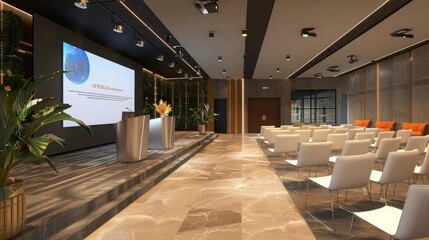 Poster - An empty conference room featuring a projector screen, podium, and rows of white chairs for an upcoming presentation or meeting.