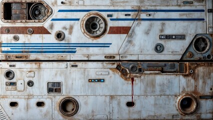 Sticker - A close-up of a spaceship hull showing weathered metal panels with blue and red stripes