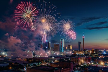 Vibrant fireworks over Oklahoma City skyline at dusk, festive and urban themes.