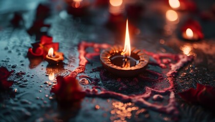 Close-up of a diya lamp (oil lamp) meaningful symbols of Diwali