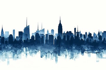 Modern New York City skyline watercolor illustration featuring iconic skyscrapers and artistic blue tones.