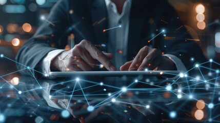 Poster - Close-up of a businessman analyzing digital data on a tablet, with network graphs and connectivity patterns illustrating business network connections