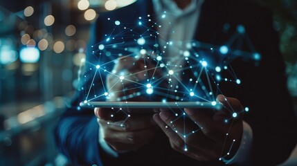 Poster - Close-up of a businessman analyzing digital data on a tablet, with network graphs and connectivity patterns illustrating business network connections