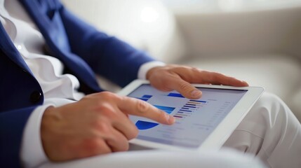 Poster - Close-up of a businessman analyzing market trends and economic forecasts on a digital tablet with financial graphs