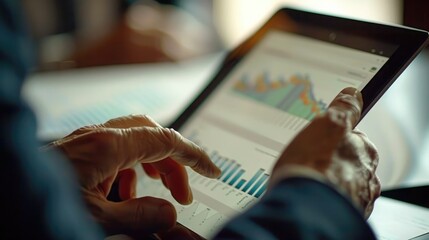 Poster - Close-up of a businessman analyzing market trends and economic forecasts on a digital tablet with financial graphs