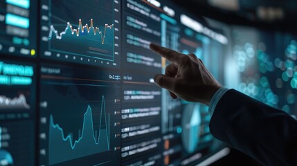 Poster - Close-up of a businessman pointing at a digital screen showing partnership growth projections and investment analysis charts