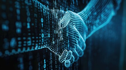 Poster - Close-up of a digital handshake icon on a screen, symbolizing business network connections and teamwork collaboration in the digital age