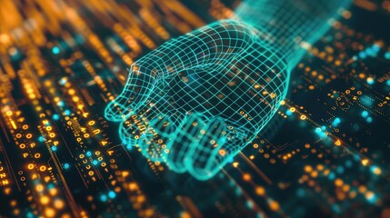 Poster - Close-up of a digital handshake icon on a screen, symbolizing business network connections and teamwork collaboration in the digital age