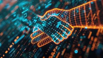 Poster - Close-up of a digital handshake icon on a screen, symbolizing business network connections and teamwork collaboration in the digital age