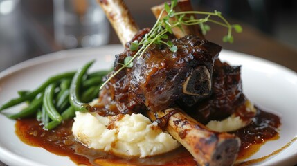 Close-up of a plate of braised lamb shank with a side of mashed potatoes and green beans