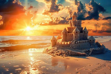 Wall Mural - majestic sand castle on ocean beach at sunset summer vacation dreams photo illustration