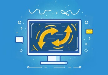 A computer screen with an arrow and message bubbles, a vector flat icon illustration shows two yellow arrows spinning around each other on a blue background,