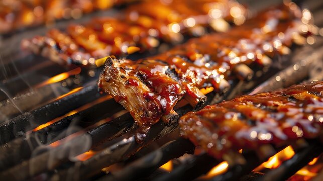 Close-up of grilled pork ribs basted with barbecue sauce on a grill