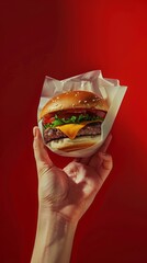 Wall Mural - Hand holding cheeseburger against red background