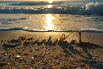 Wall Mural - Morning Beach Scene: 'Sunset Words in Sand' at Dusk, Emphasizing the Serenity of a Beach Getaway