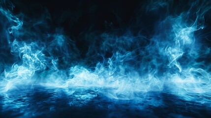 A digital illustration of blue flames rising from a dark surface and reflecting in the water below