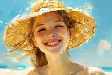 Wall Mural - radiant young woman in stylish straw hat beaming with happiness on idyllic beach perfect for summer travel themes digital painting