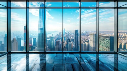 Sticker - Wide-angle shot of a modern glass window in a high-rise building, showcasing a city skyline view