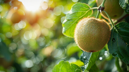 Wall Mural - Close-up of a ripe kiwi fruit hanging on a vine, basking in the sunlight in a garden.