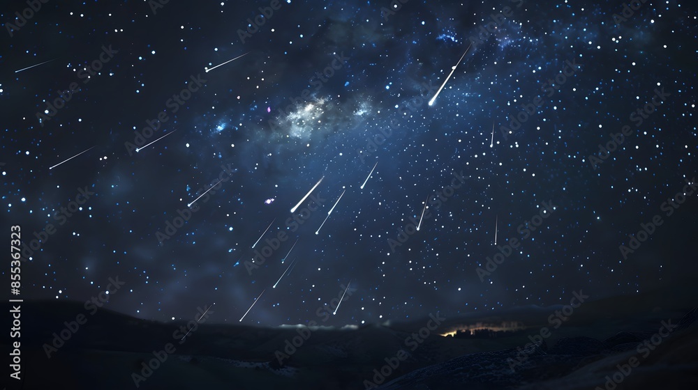 Meteor storm in the sky. Many fireballs in the Earth's atmosphere. A ...