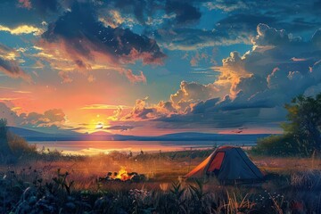 Wall Mural - serene summer camping scene open field with tent and bonfire at sunset digital painting