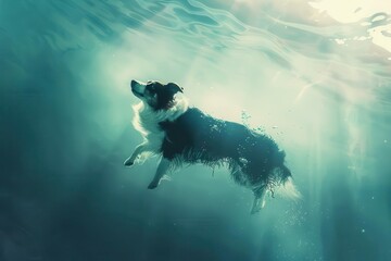 serene underwater scene of playful dog gracefully diving digital illustration