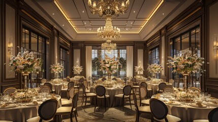 A luxurious ballroom wedding reception with white tablecloths, ornate chairs, elegant floral centerpieces, and a large chandelier.