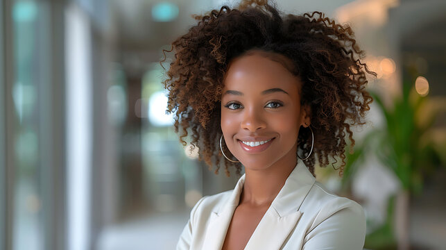 Confident Black Businesswoman in Professional Clothing: Headshot in Office Hallway