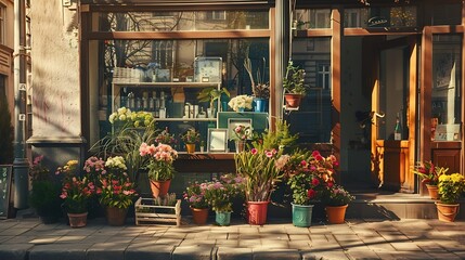 View of flower shop on city street : Generative AI